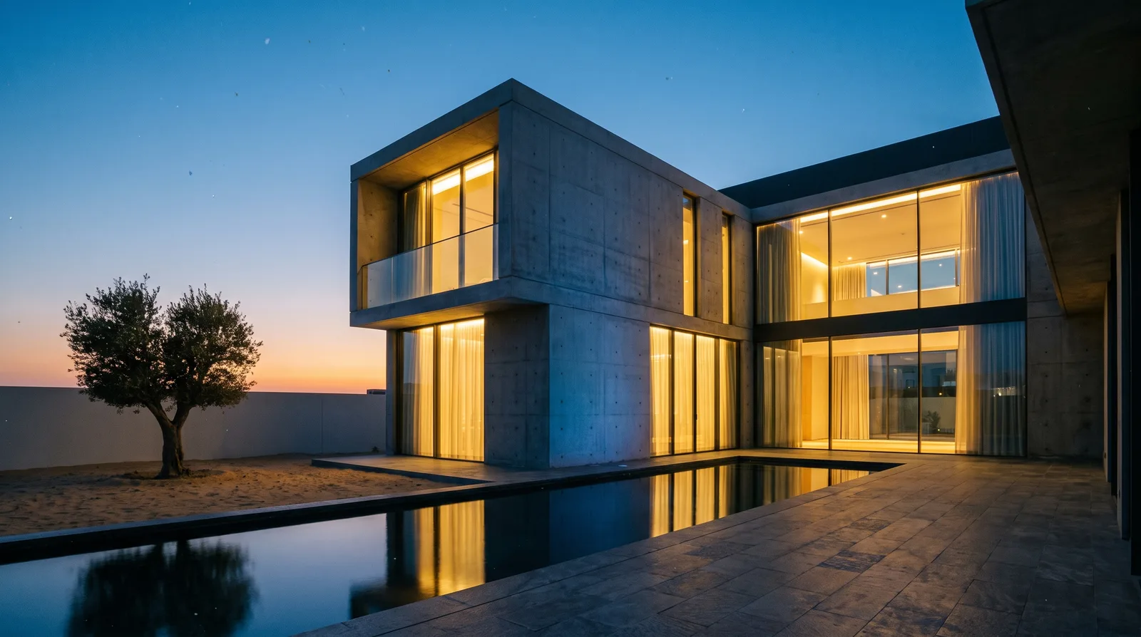 A completed villa at dusk with warm light in the windows and a still pool