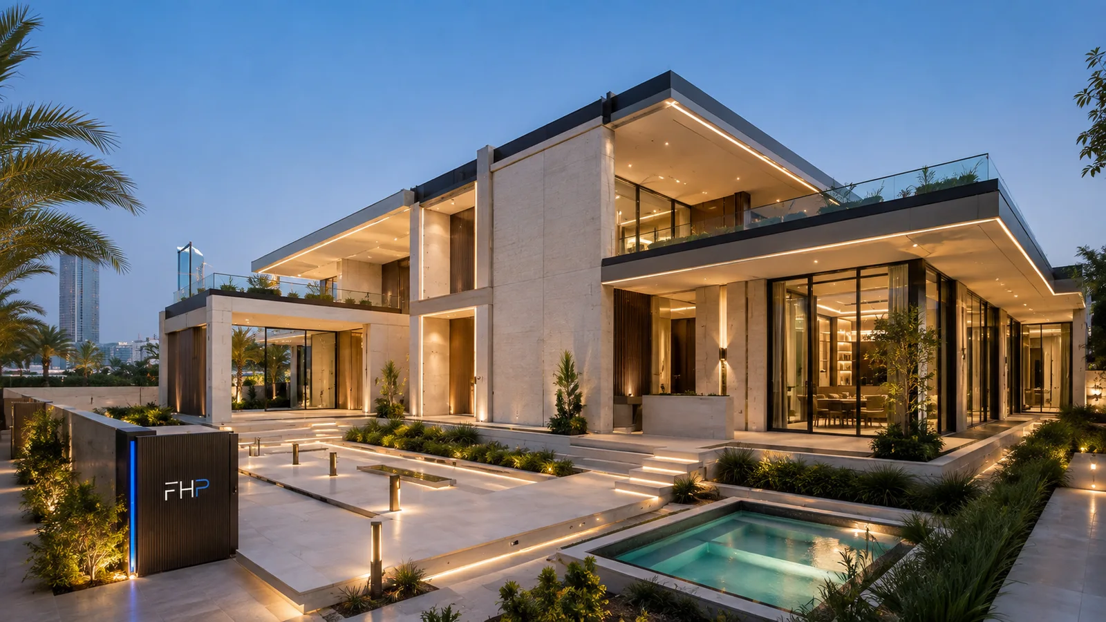 A finished villa at dusk: lit facades, a pool, planting and the FHP sign at the gate