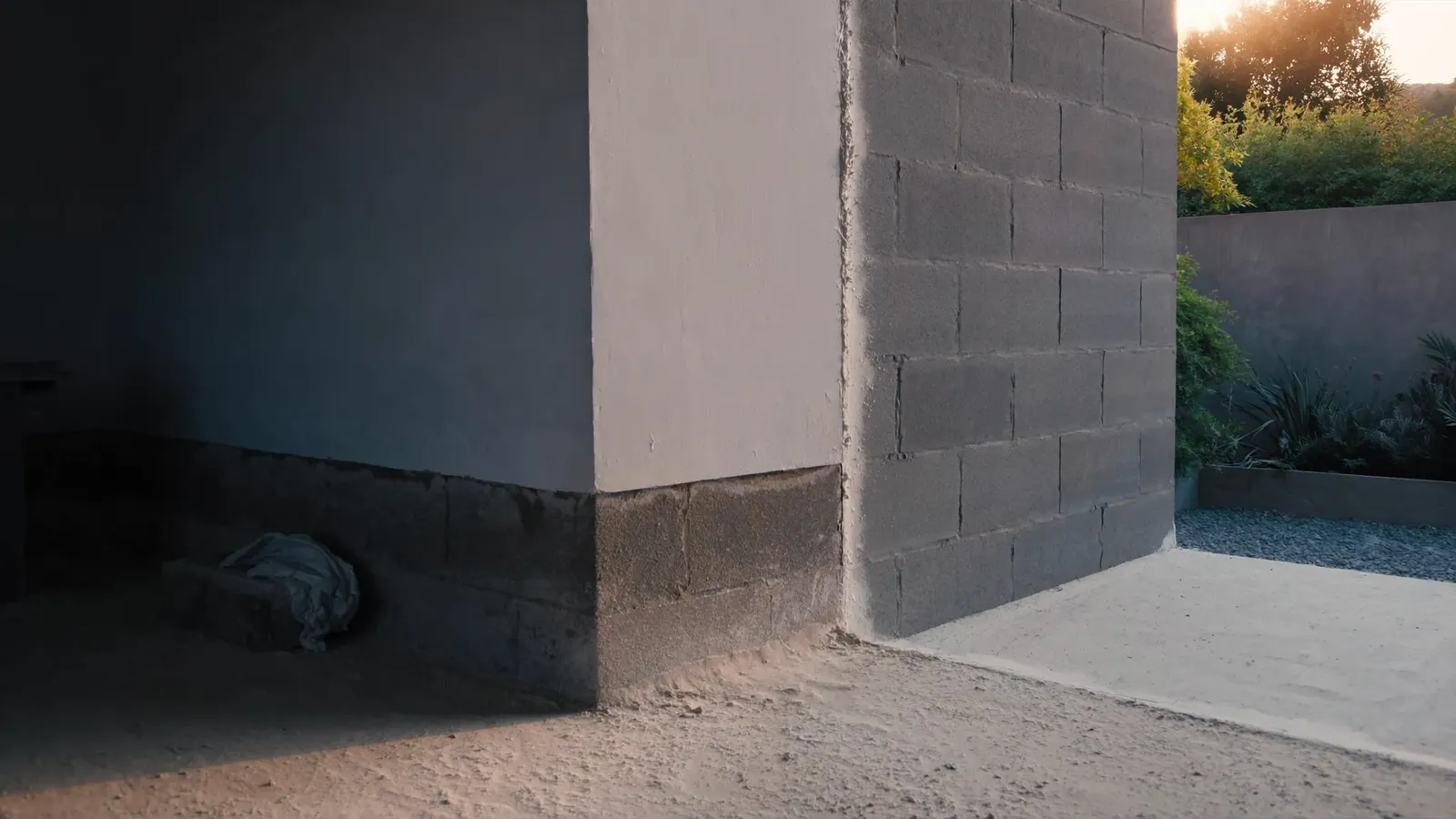 One villa room where plastered wall meets bare blockwork, the boundary between finished and unfinished running through the frame