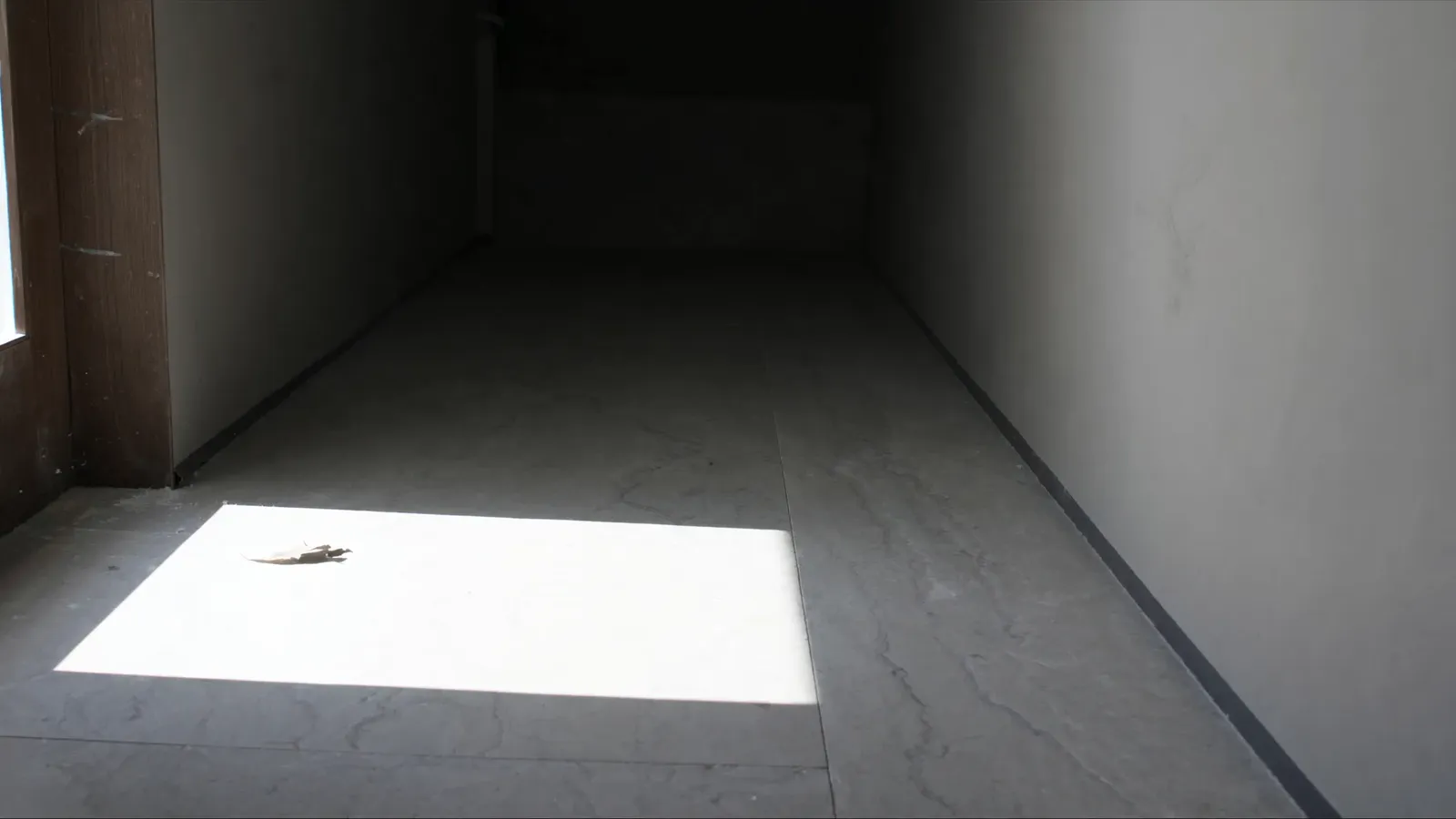 A finished villa interior in raking daylight: a stone floor running to a plastered wall, a recessed shadow gap in place of a skirting running true along the base, and one patch of hard sun on the floor