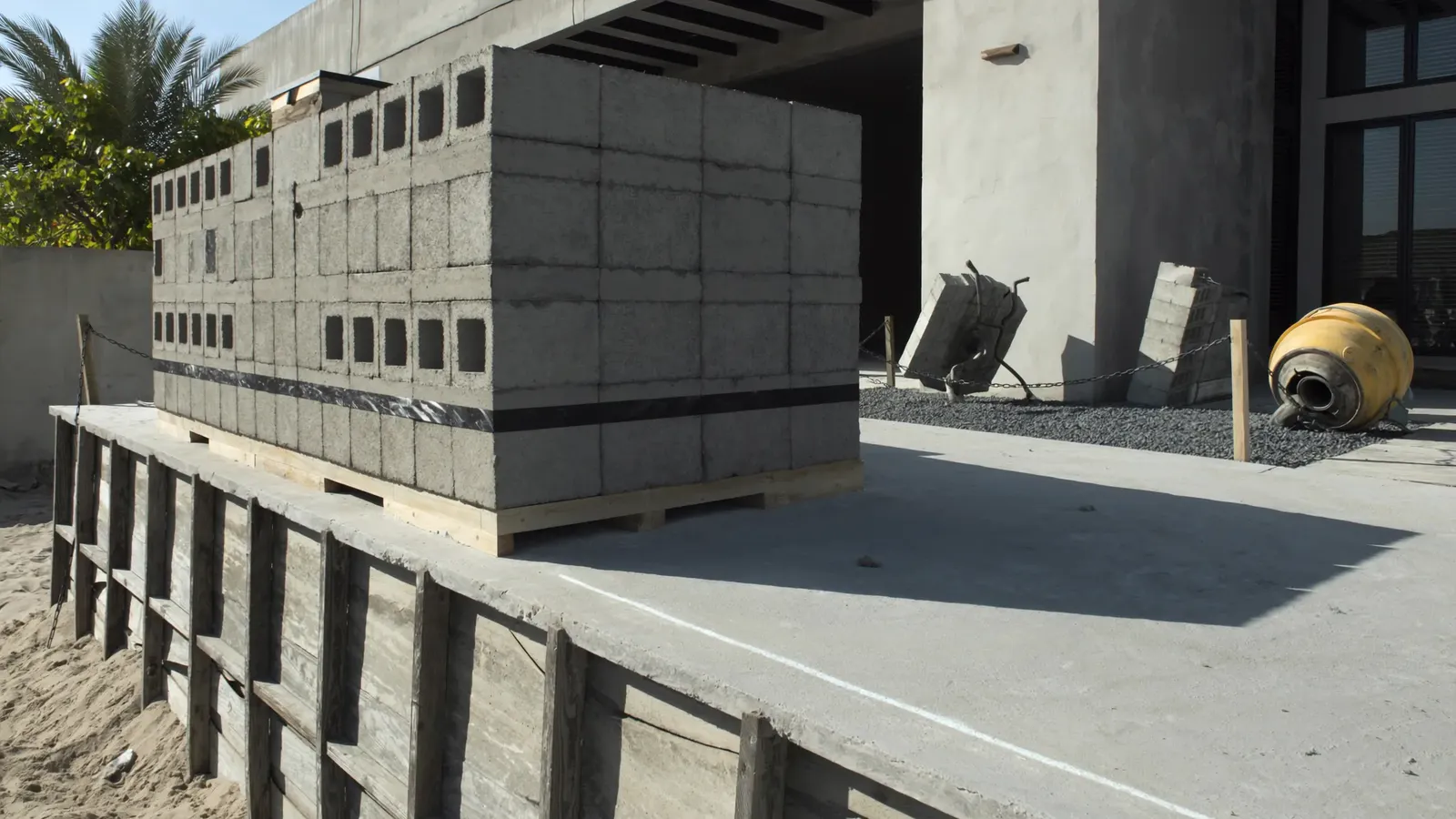 Materials staged in order on a villa site: concrete blocks stacked square on a pallet, a barrow and a mixer drum standing by against a rendered wall