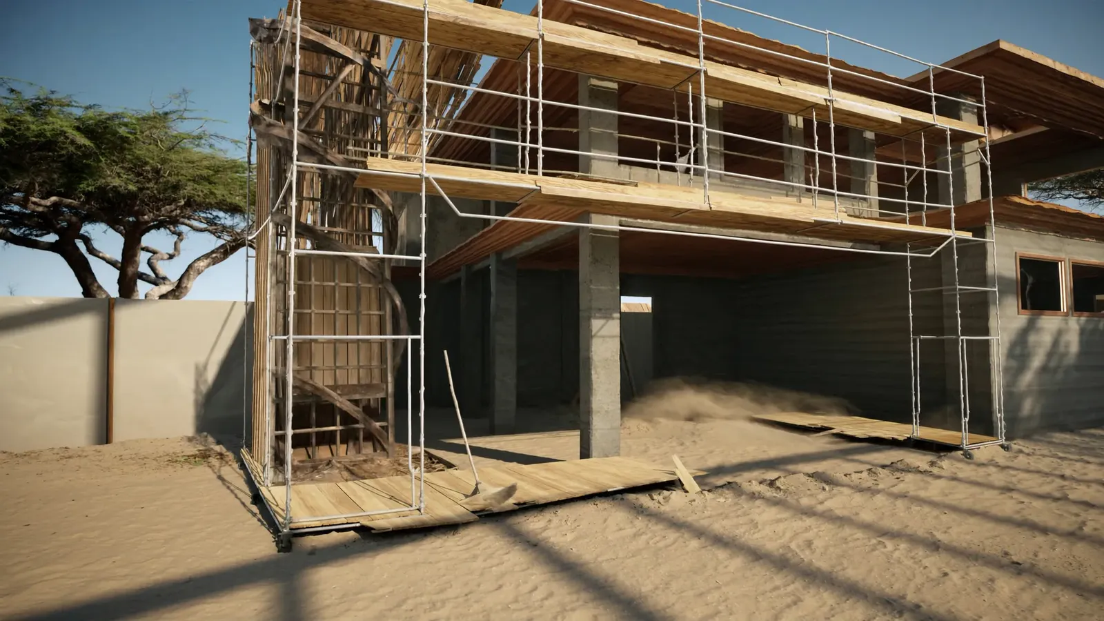 Scaffold erected to two elevations of a villa under construction, boards and guardrails in ordered lifts