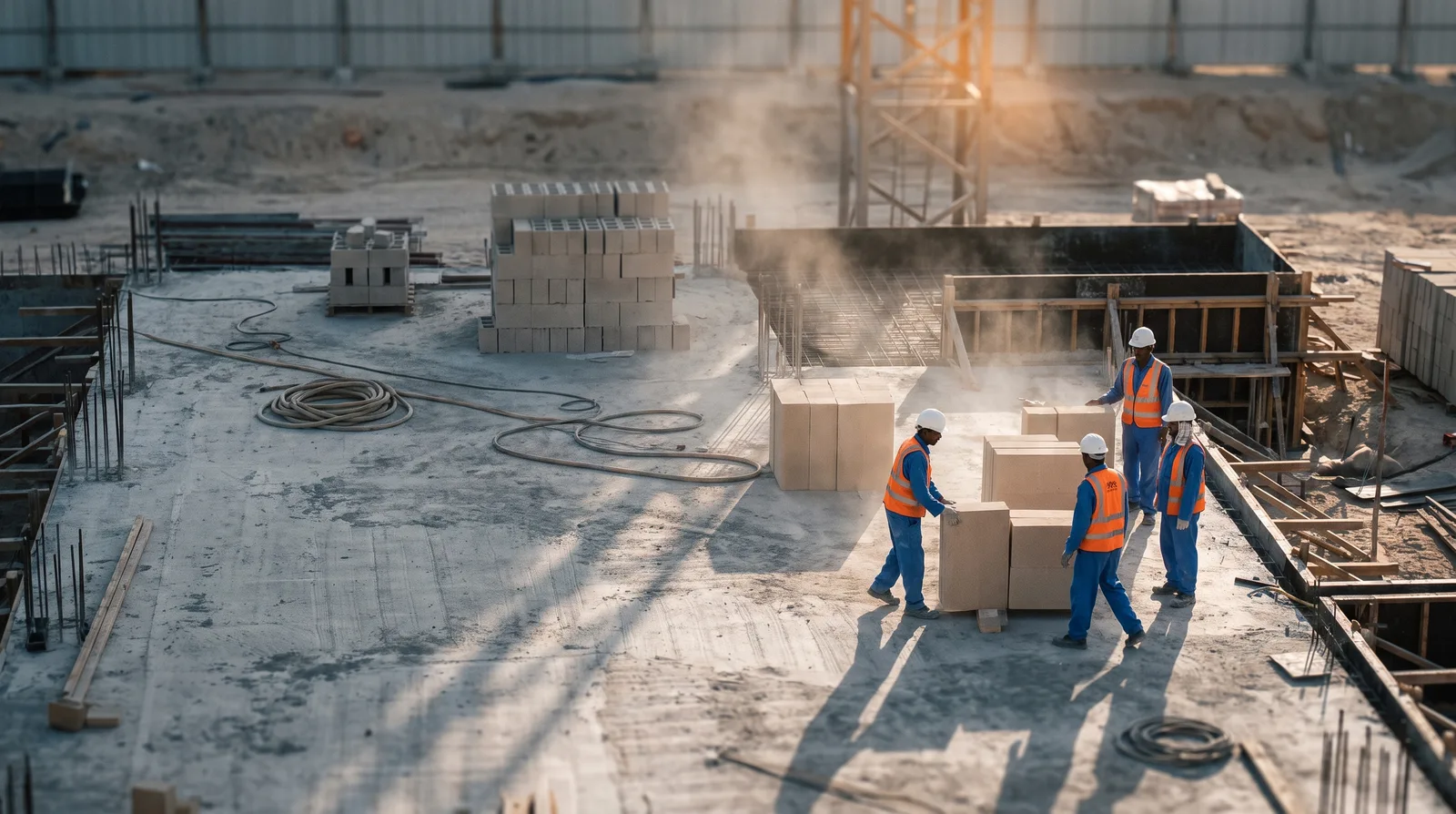 Construction workers moving blocks on a villa slab in early morning light