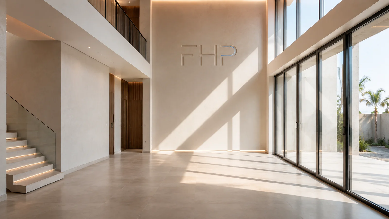 The same hall on handover day: limestone floor, plastered walls, lit stair, the FHP mark set into the wall