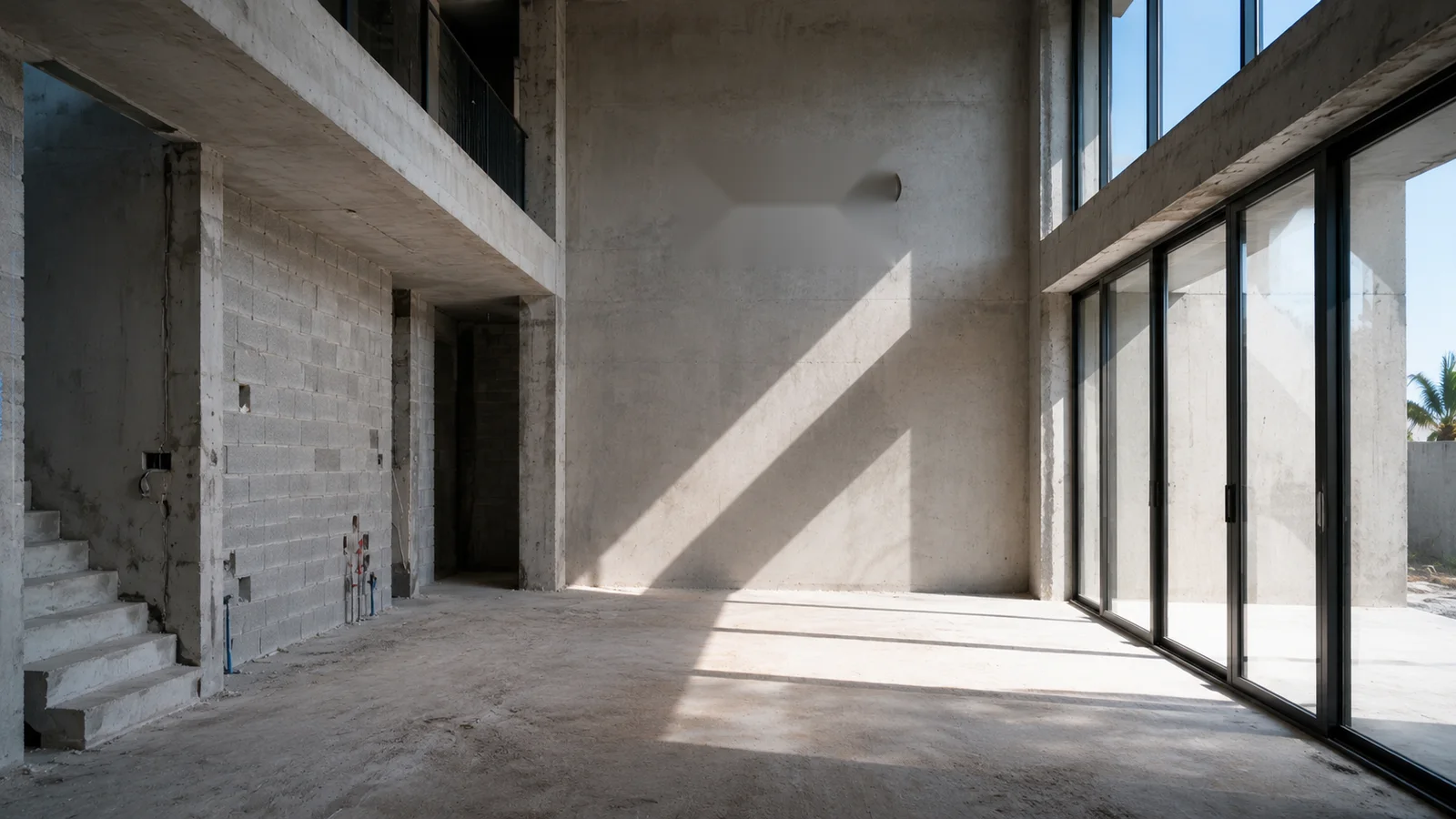 A double-height villa hall at structural stage: bare concrete, blockwork, a stair without a balustrade, the glazing already in