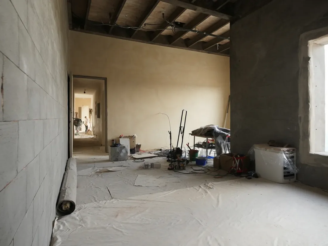 A room stripped back during renovation: ceiling opened to the joists, conduit exposed, dust sheets across the floor