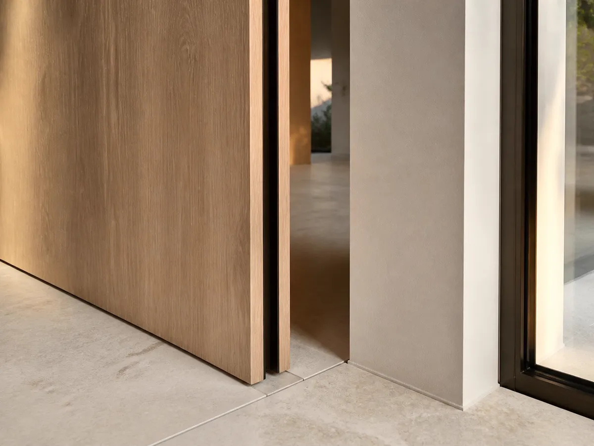 A precise oak door gap, plaster reveal and aligned limestone joint