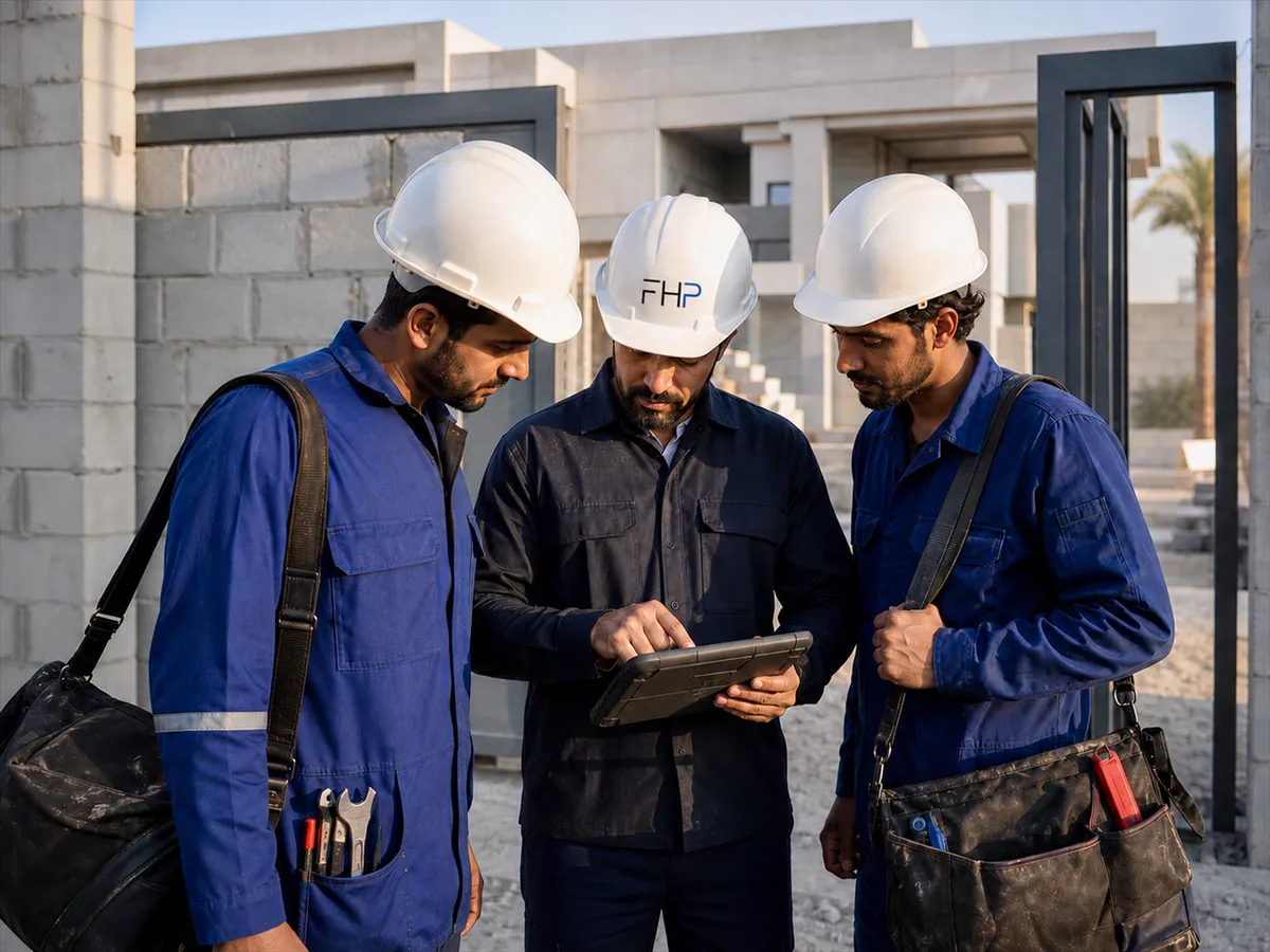 A site coordinator briefs two tradespeople on a tablet at the project entrance