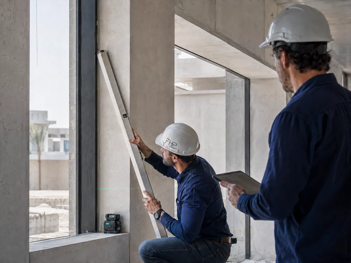 Site engineers check a window reveal with a straightedge and laser level