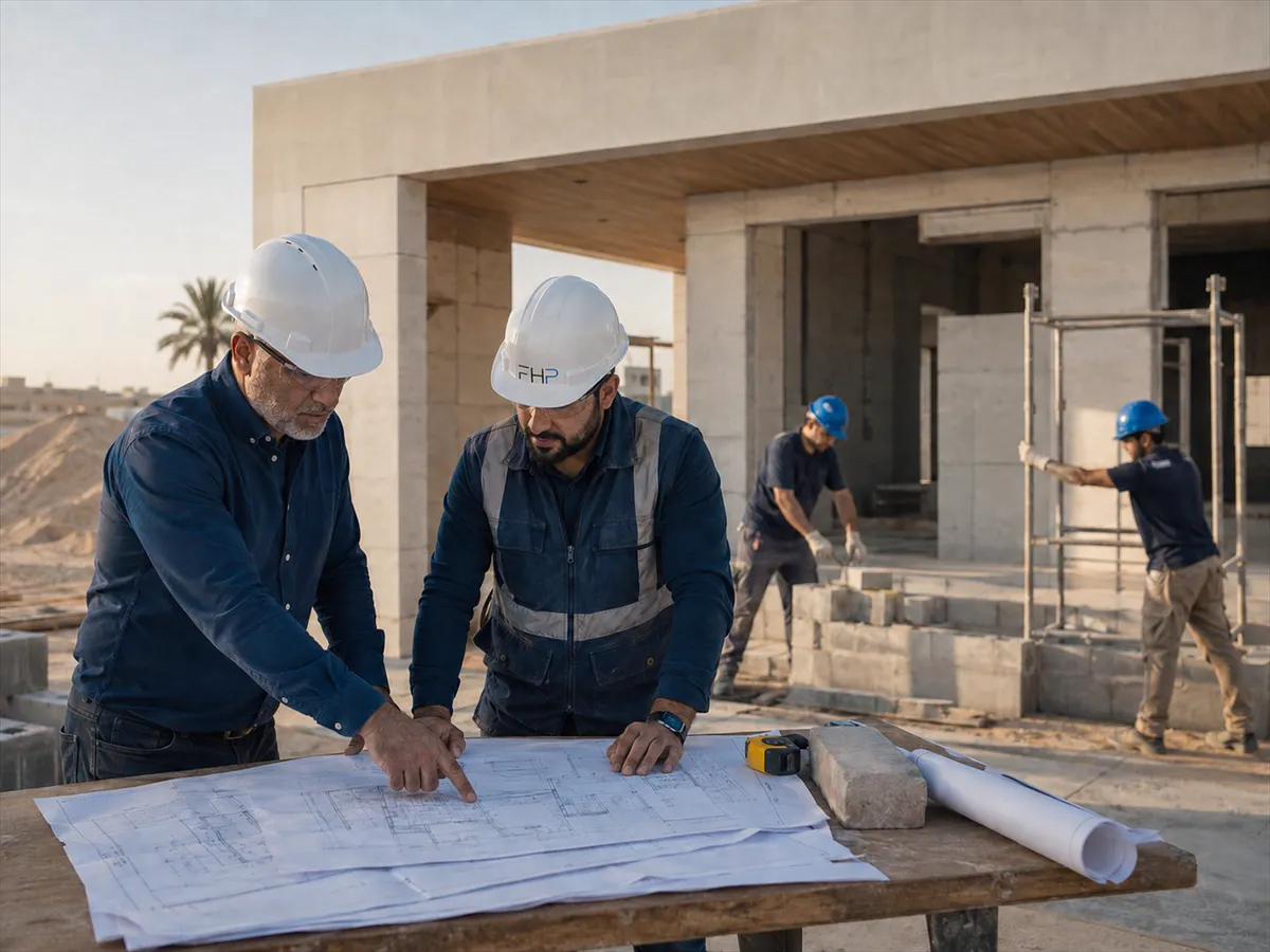 A site manager and trade foreman review plans while a crew works behind them