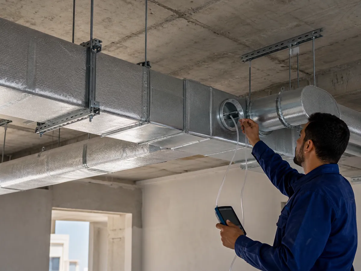 A fan coil unit and spiral ductwork installed in a ceiling void