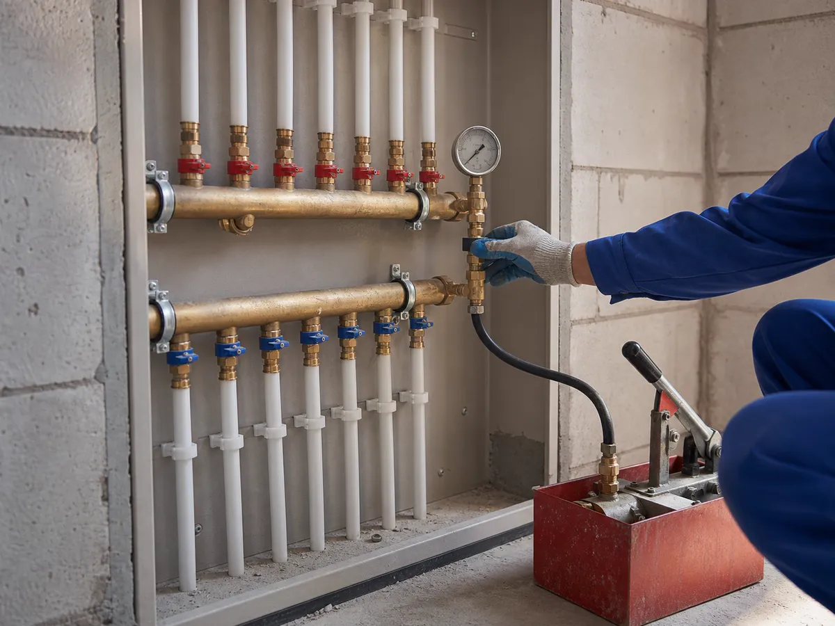 A plumbing manifold clipped to a blockwork wall with a test gauge fitted
