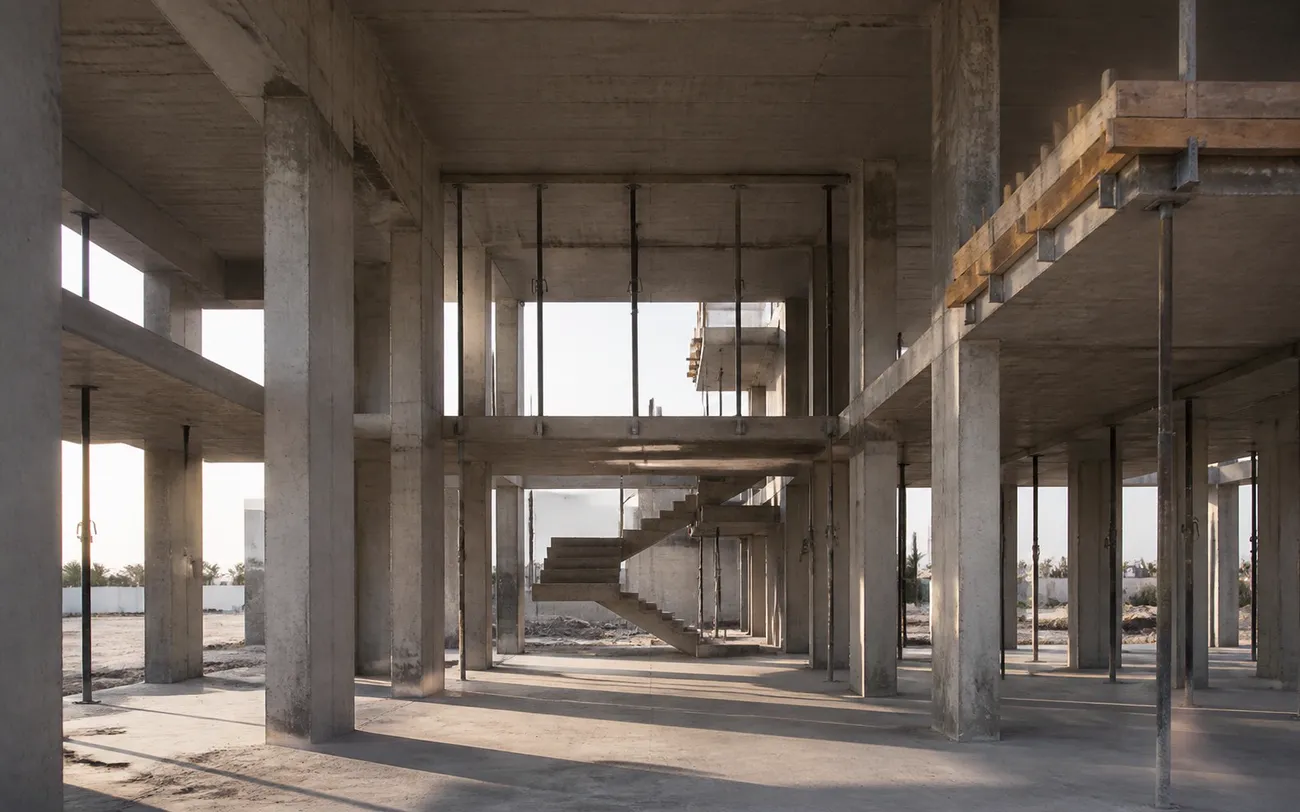 The concrete frame of a villa: columns and slabs standing, formwork struck