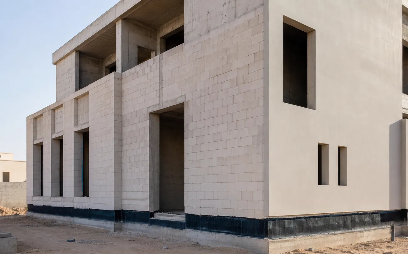 The building envelope: blockwork walls closing the frame, openings formed