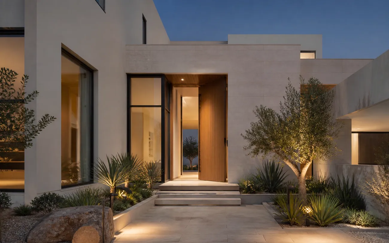 Handover: the finished villa at dusk, landscaped and lit